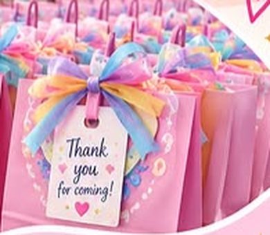 Favor bags finished with ribbon and thank-you tags